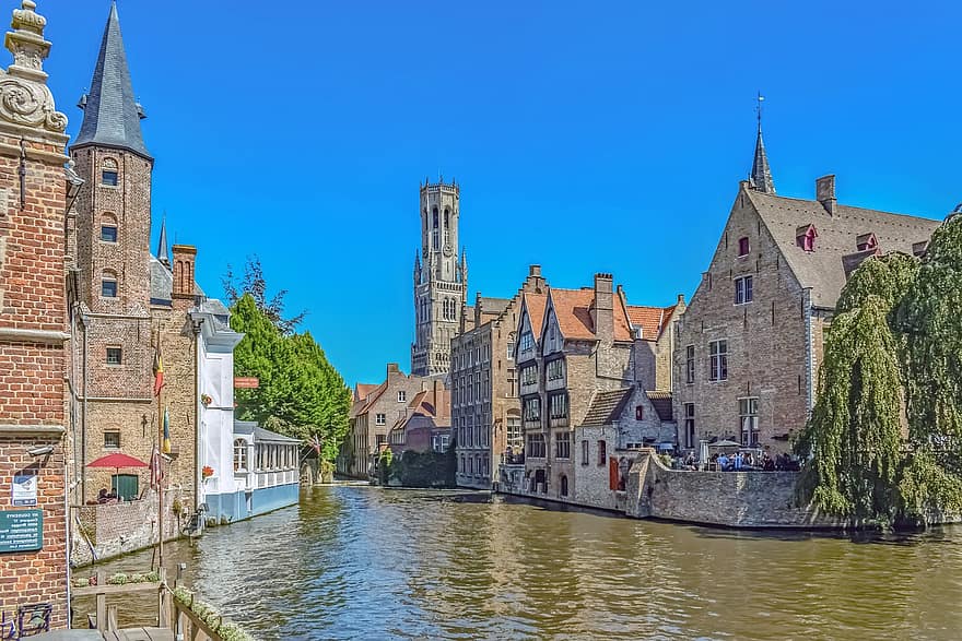 旅行、観光、ベルギー、ブルージュ、運河、川、建築、建物、シティ、フランダース、絵のような