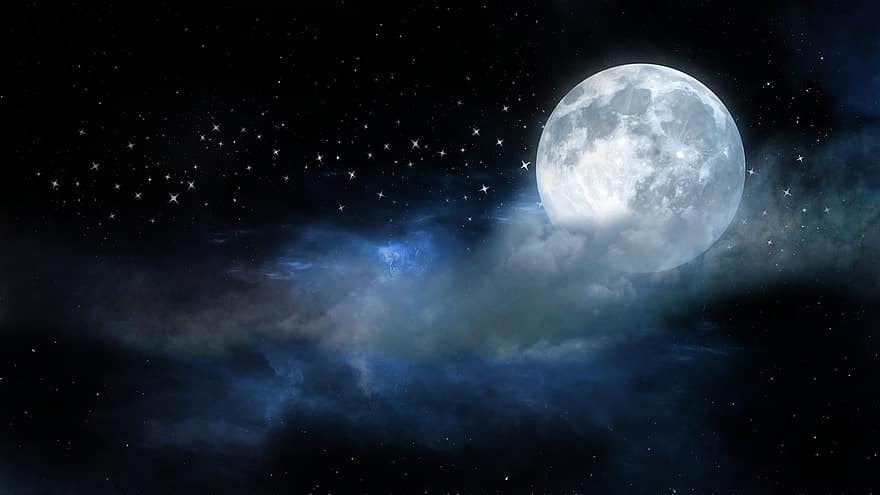 mặt trăng, các ngôi sao, đêm, tối, những đám mây, tưởng tượng, trăng tròn, phát sáng, màu xanh da trời, ban đêm