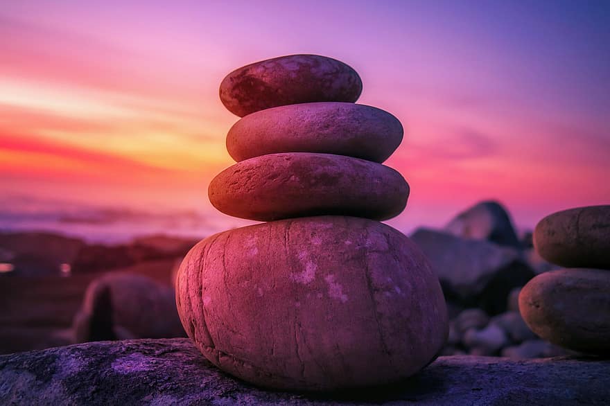 stenar, balans, meditation, yoga, zen, natur, sten, stack, solnedgång, stabilitet, avslappning