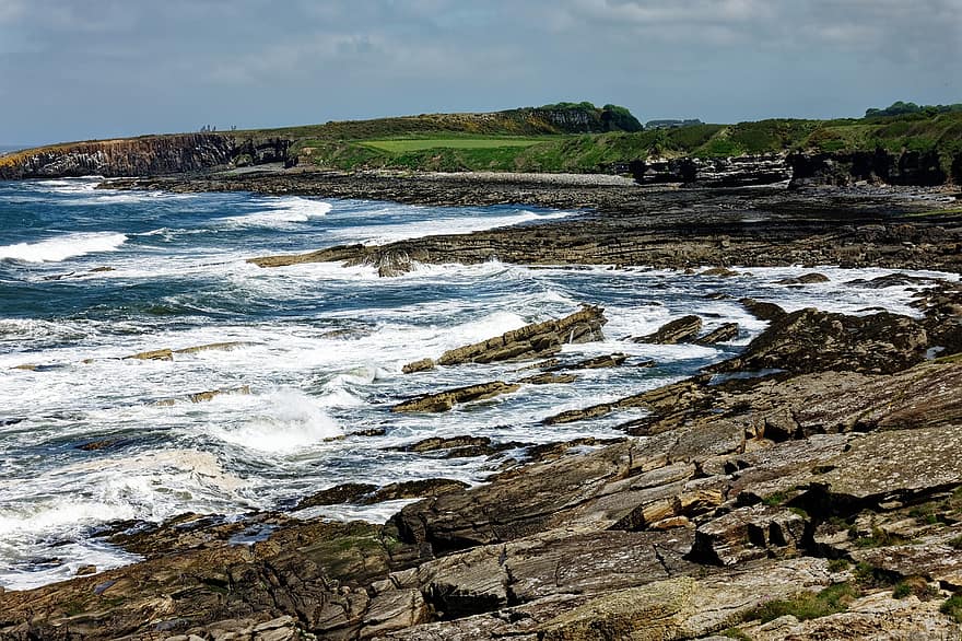 zee, golven, rotsen, baai, kust, landschap, Northumberland