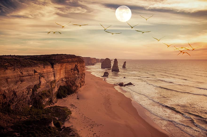 скалы, Луна, пляж, птицы, природа, летняя ночь, небо, берег, путешествовать, заход солнца, океан