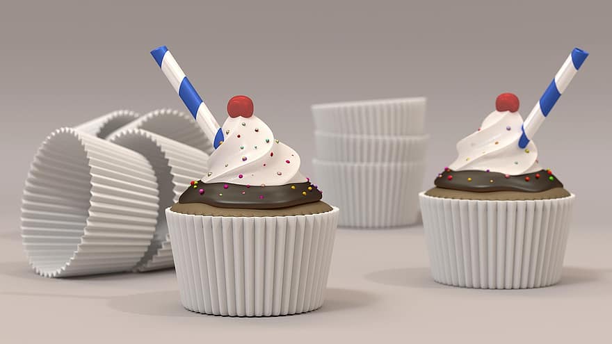 CG, храна, торта за чаша, сметана, череша, страна, шоколад, заледяване, торта, кафява торта, кафяво парти