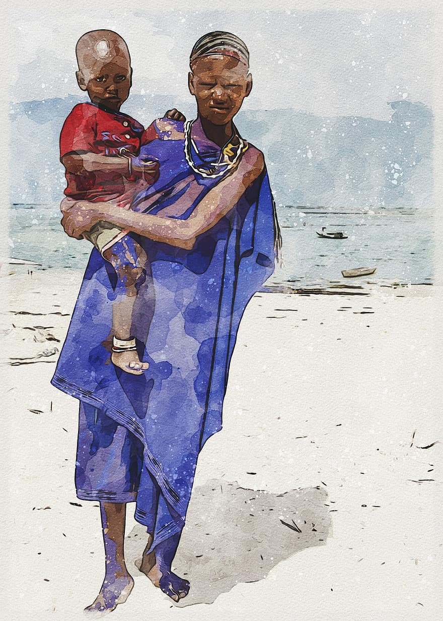 mujer, bebé, playa, Zanzibar, niño, Oceano, hembra, creatividad, obra de arte, África, hombres