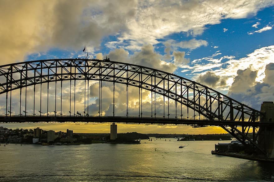 Міст Харбор-Брідж, міст, гавань, Сідней, Австралія, орієнтир, захід сонця, міський, структура, інфраструктура, хмари