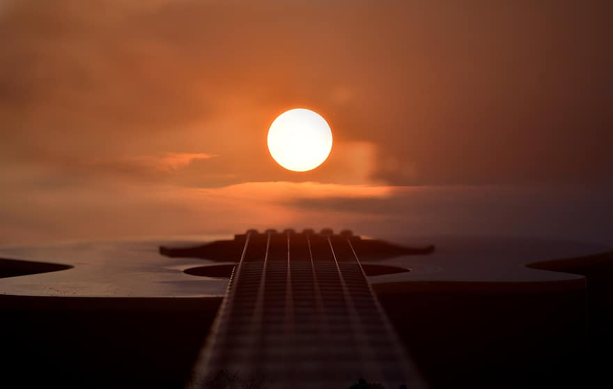 solnedgang, guitar, sol, himmel, musikalsk, instrument