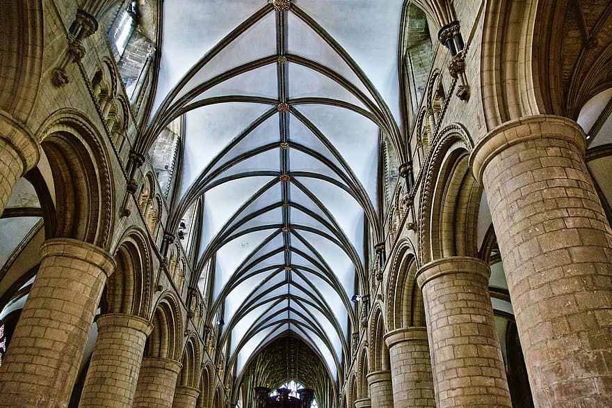 Gloucester Cathedral Nave, loft, kolonner, gloucester katedral, katedral, historisk, gotisk, norman, romansk, arkitektur, kirke
