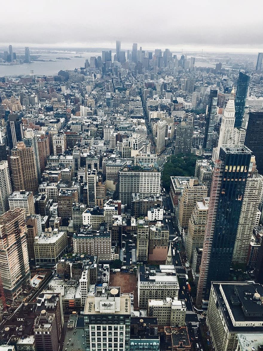місто, подорожі, туризм, Манхеттен, Нью-Йорк, будівель, міський пейзаж, хмарочос, пташиного польоту, міський горизонт, життя міста