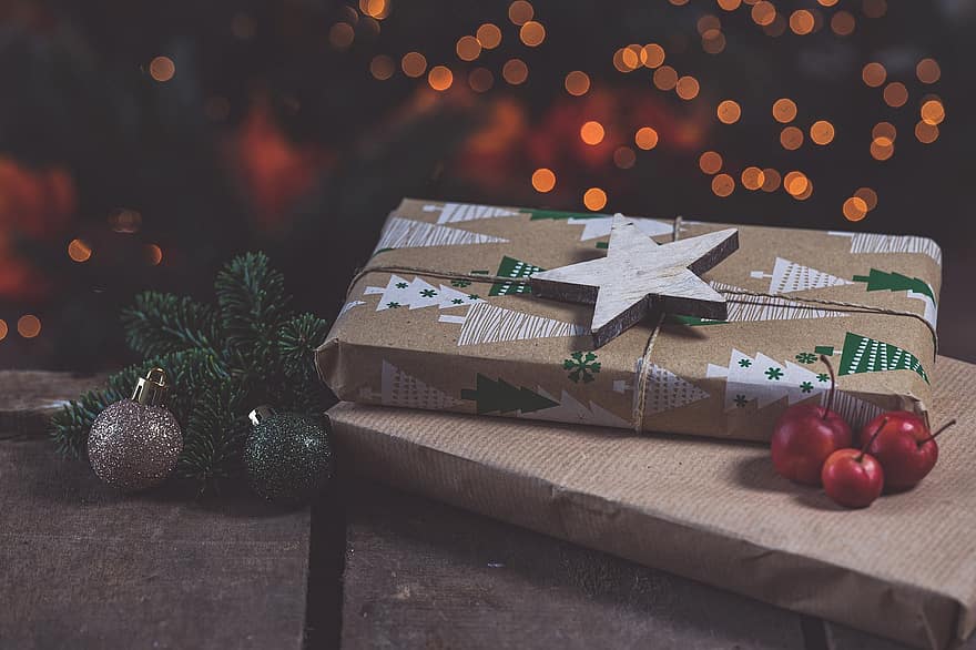 クリスマス、クリスマスプレゼント、12月、祝日、ボケ、パッケージ、贈り物
