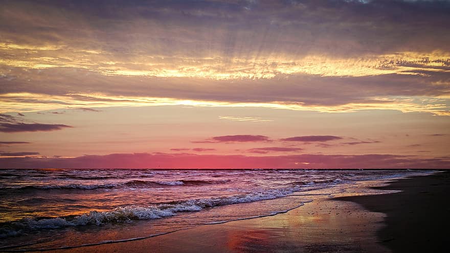 Strand, solnedgang, bølger, horisont, skumring, etterglød, skys, skyer, himmel, Seascape, hav