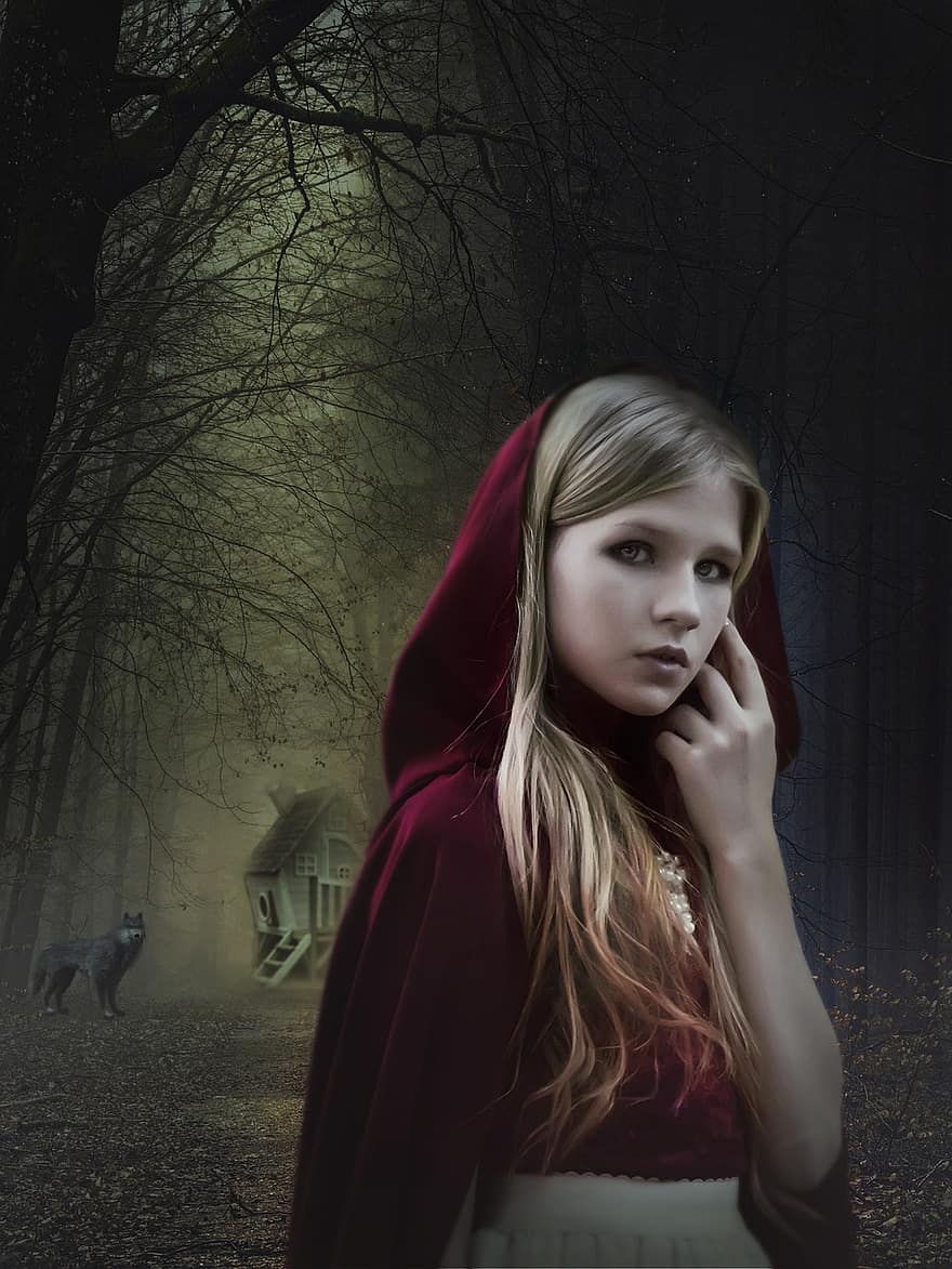 女の子、ブロンド、赤いフード、少女、森林、神秘的な森、魔法の森、ファンタジー、物語、赤頭巾ちゃん、おとぎ話