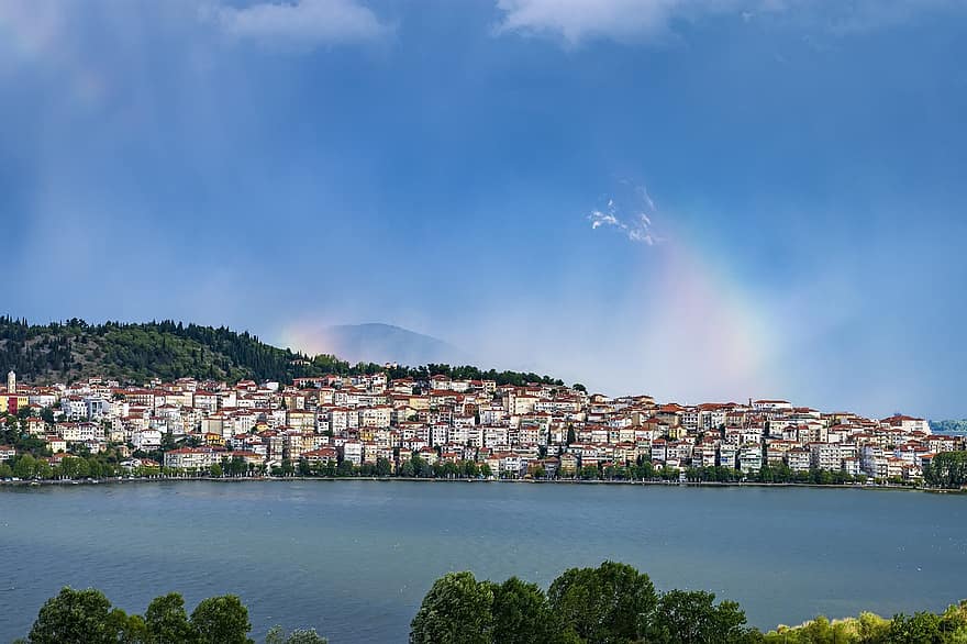 Kastoria, เมือง, ทะเลสาป, รุ้ง, กรีซ, เนินเขา, ภูเขา, สิ่งปลูกสร้าง, ในเมือง, ท้องฟ้า, เมฆ