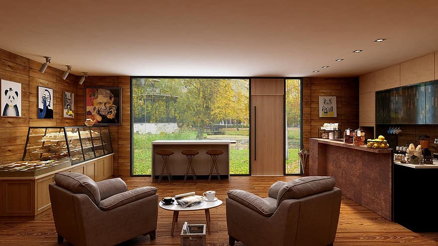Casa, interior design, mobilia, poltrona, accogliente, caffè, autunno