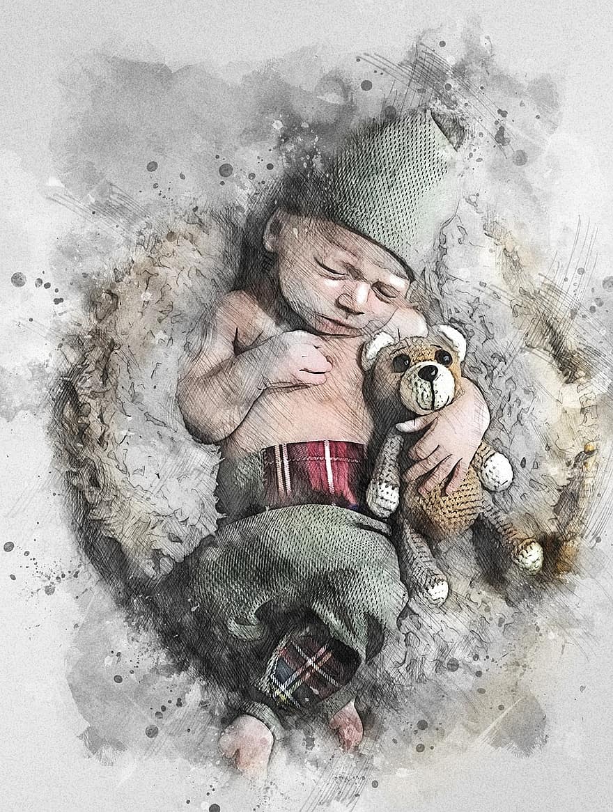 Child, Newborn, Adorable, Young, Portrait, Wood, Teddy Bear, Scuttle, Person, Human, Baby