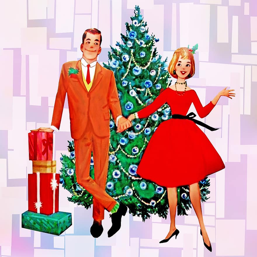 Paar, Geschenke, Baum, Ornament, Weihnachten, glücklich, Smoking, Kleid, retro, Karikatur, Menschen