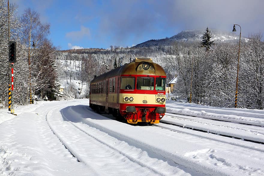 vinter-, järnväg, tåg, Jedlova, Tannenberg, snö, transport, resa, träd, natur, transportsätt