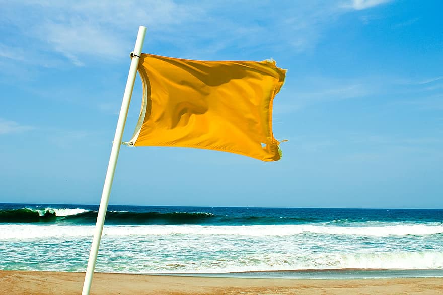 Beach Flag, Beach, Sea, Flag, Ocean, Blue Sky, Yellow Flag, Windy Day, summer, blue, wave