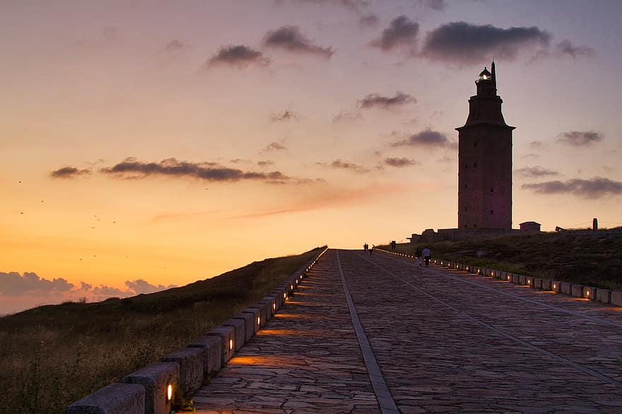 Геркулесова вежа, дорога, захід сонця, Ла-Корунья, Галичина, Іспанія, маяк, краєвид, історичний, орієнтир, туристична пам'ятка