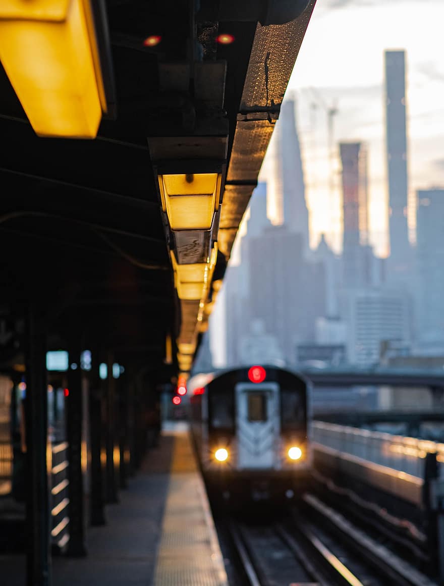 지하철, 기차, 역, 플랫폼, 개찰구, 시티, 뉴욕, 도시의, 여행, mta