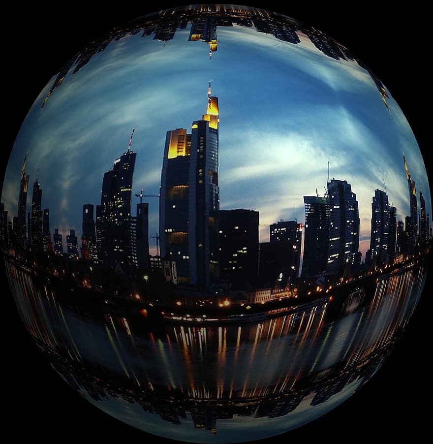 fotoeffekt, stad, skyskrapor, belysning, boll, runda, skyskrapa, arkitektur, byggnad, lampor, stadsljus