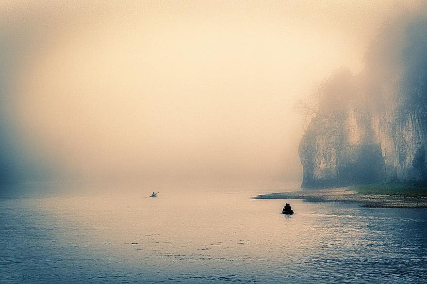 Fog, River, Waterscape, Water, Mist, River Bank, Rowing Boat, Paddle Boat, Canoeing, Canoe, Danube River