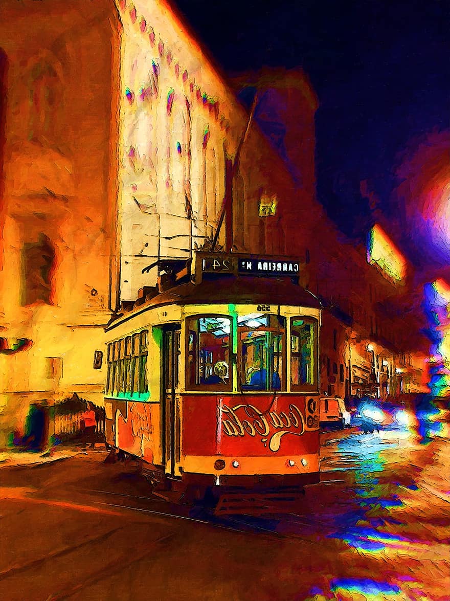 tramvaj, noc, čas, město, metro, kolejnice, přeprava, lidé, vozidlo, architektura, Lisabon