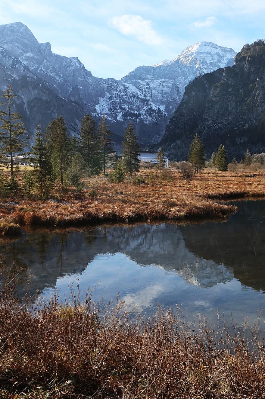 Lake, Mountains, Reflection, Bank, Trees, Water, Snow, Winter, Wintry, Cold, Alpine