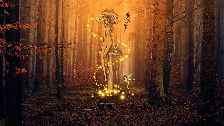 фон, фантазія, ліс, магічний, гриб, фея, піксі, дерева, загадковість, цифрове мистецтво