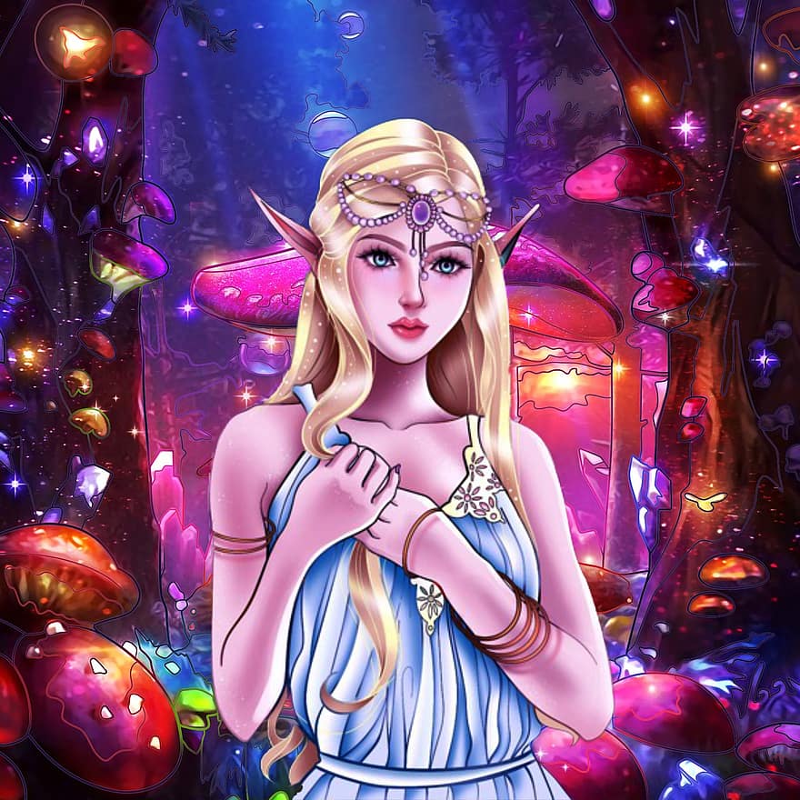 Background, Mystical, Mushroom, Elf, Fantasy, Female, Character, Digital Art