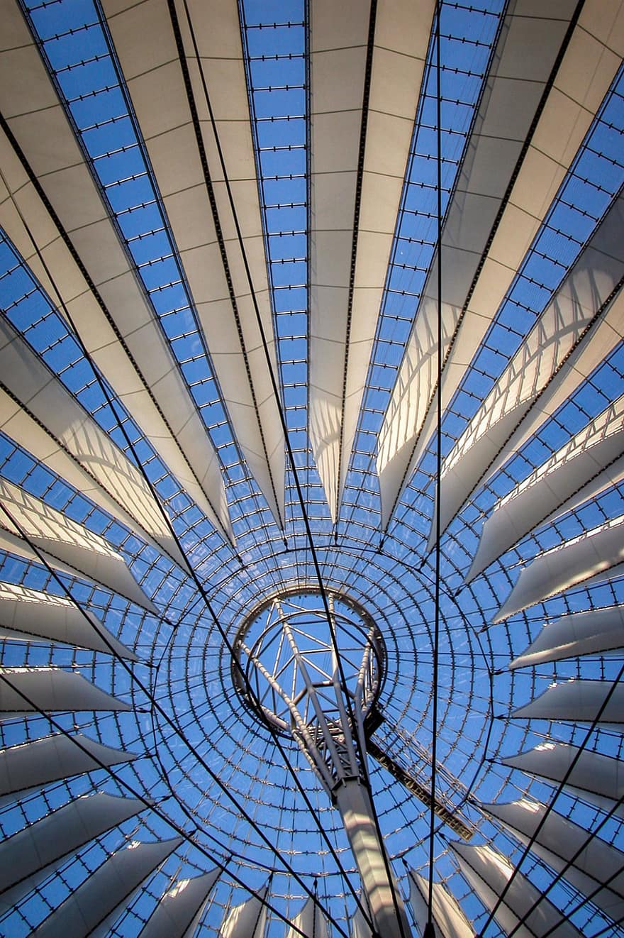 مركز سوني ، برلين ، قبة زجاجية ، أقنعة الشمس ، اللوحة القماشية ، الصالة الداخلية ، ابحث عن ، قالب ، بناء ، في الوسط ، هندسة معمارية