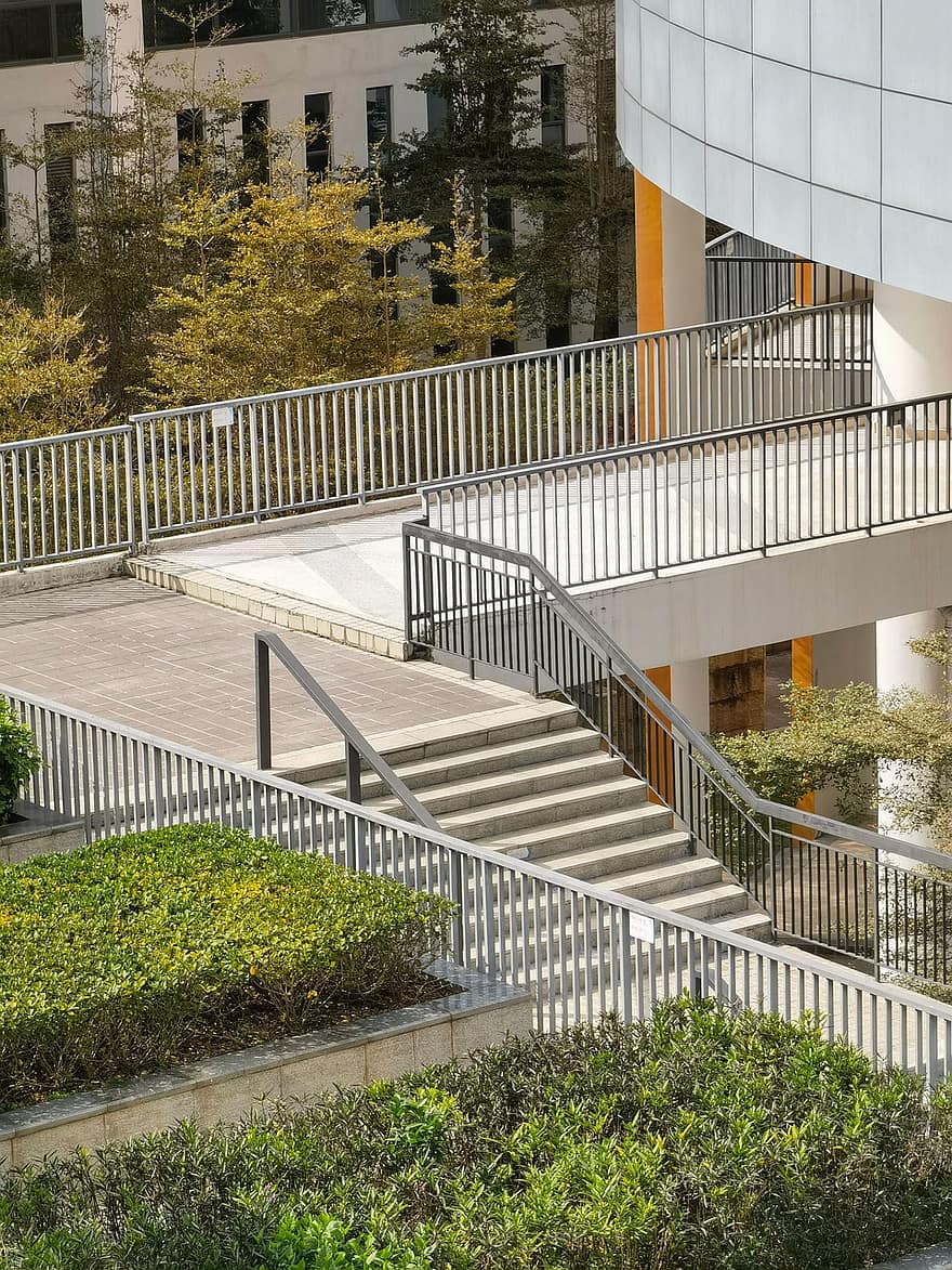 Stairs, Steps, Stairway, Building, Architecture, School Building, Shrubs, Bushes, Shenzhen, staircase, building exterior