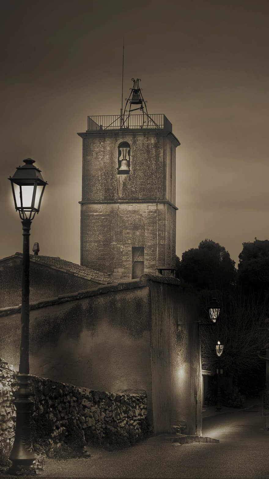 Tower, Building, Lamp Post, Street Light, Bell Tower, Old Building, Architecture, Facade, Monochrome, City Night, Black