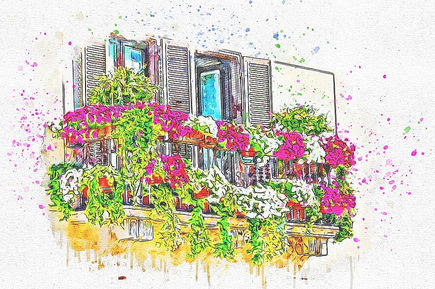 balkong, blomster, Kunst, abstrakt, vannfarge, natur, årgang, T skjorte, kunstnerisk, design, Aquarelle