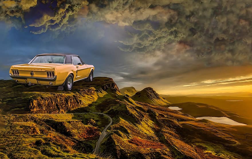 Car, Cliff, Mountains, Rocks, Sky, Clouds, Storm, Cumulus, Mustang, Vehicle, Automobile