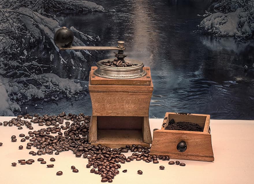 Coffee Grinder, Coffee, Coffee Beans, close-up, bean, drink, freshness, wood, caffeine, food, table