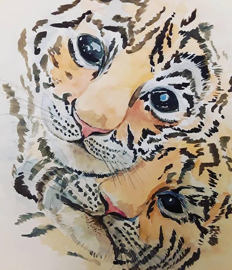 tiger, tiger cubs, akvarell maleri, dyr, feline, vannfarge, illustrasjon, undomesticated cat, fikk øye på, værhår, dyr i naturen
