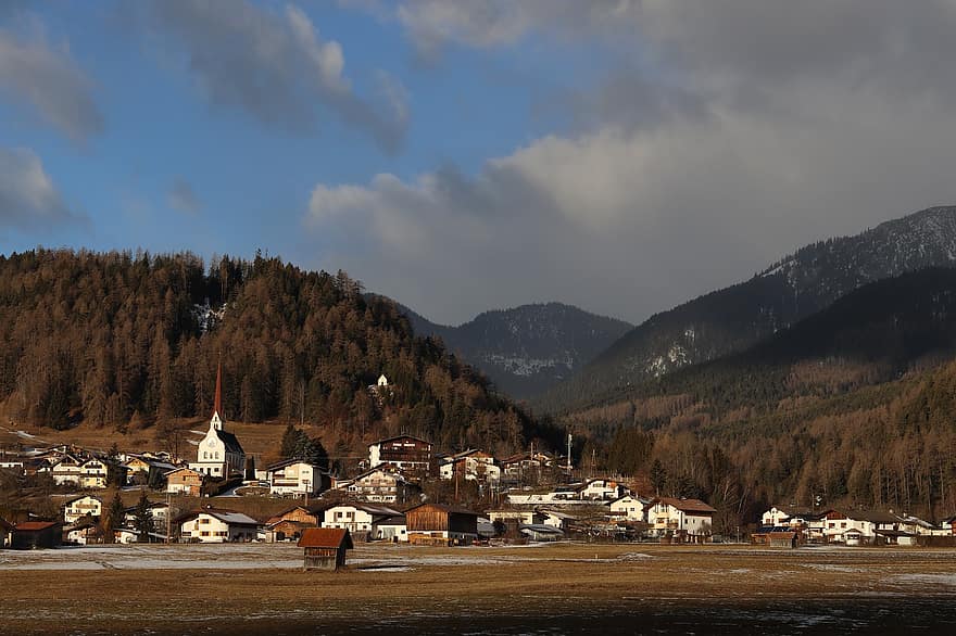 kaimas, tirolis, Miestas, Nassereitas, Austrijoje, Alpės, pobūdį, medžiai, kalnas, kraštovaizdį, kalnų