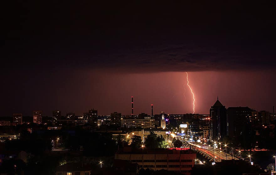 Stadt, Sturm, Blitz, Wetter, Nacht-, Dämmerung, dunkel, Elektrizität, Stadtbild, beleuchtet, die Architektur