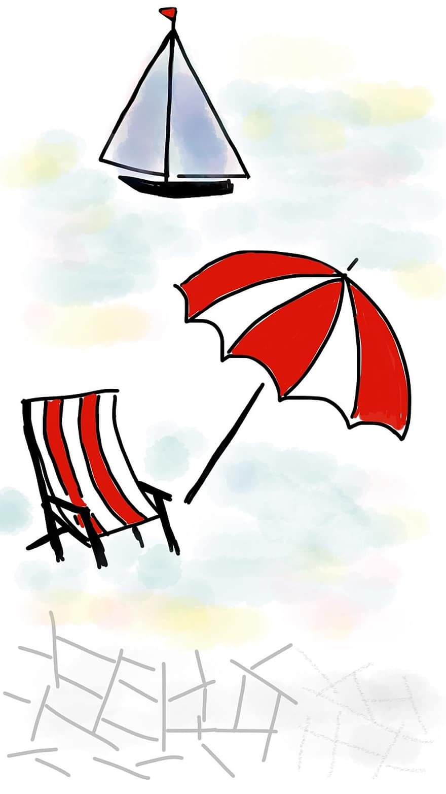 Strand, sommer, strand paraply, båt, sommer strand, sand, hav, vann, ferie, moro, sol
