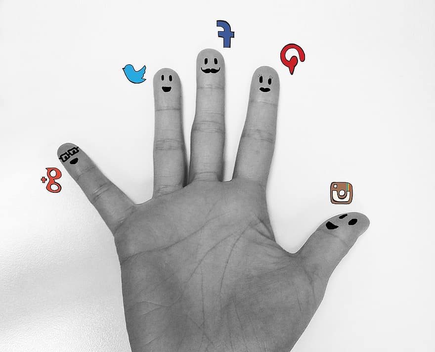 social, datum, hand, finger, handflatan, fem, sociala media, smilies, Facebook, Twitter, Google Plus