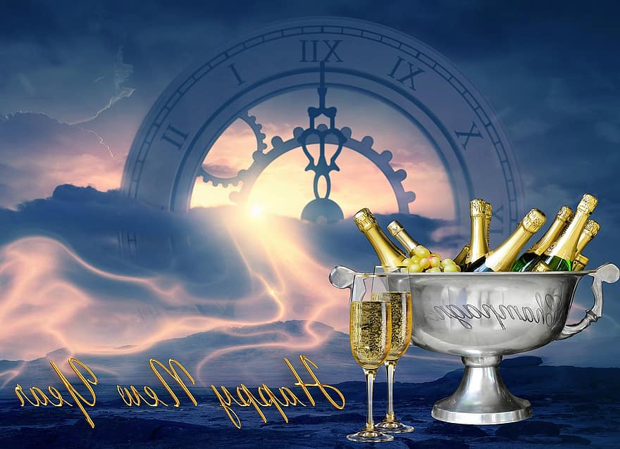 szczęśliwego Nowego Roku, zegarek, szampan, kręgle, przyjęcie, uroczystość, 2020 r, nowy Rok, jasność, wakacje, grudzień