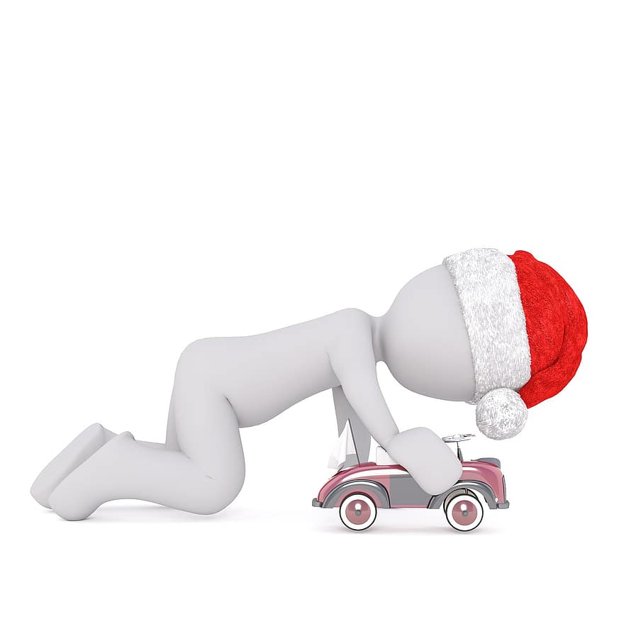 White Male, 3d Model, Full Body, 3d Santa Hat, Christmas, Santa Hat, 3d, White, Isolated, Children Toys, Toy Car