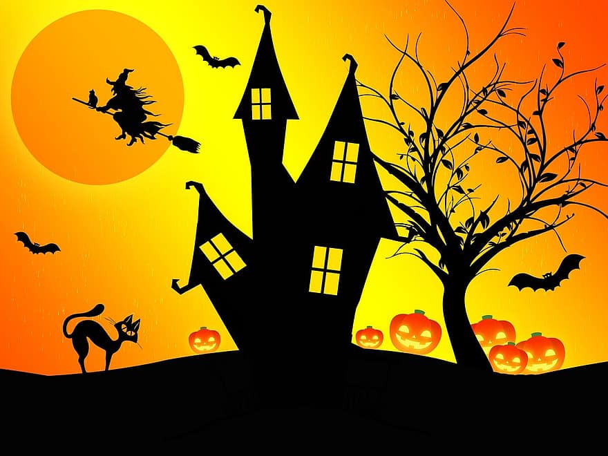 Halloween, fantasia, escena, ratpenats, silueta, negre