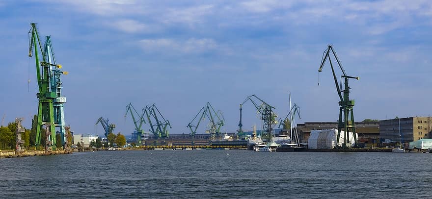 造船所、クレーン、グダニスク、港、発送センター、海、ポーランド、建設機械、商業ドック、運送、貨物コンテナ