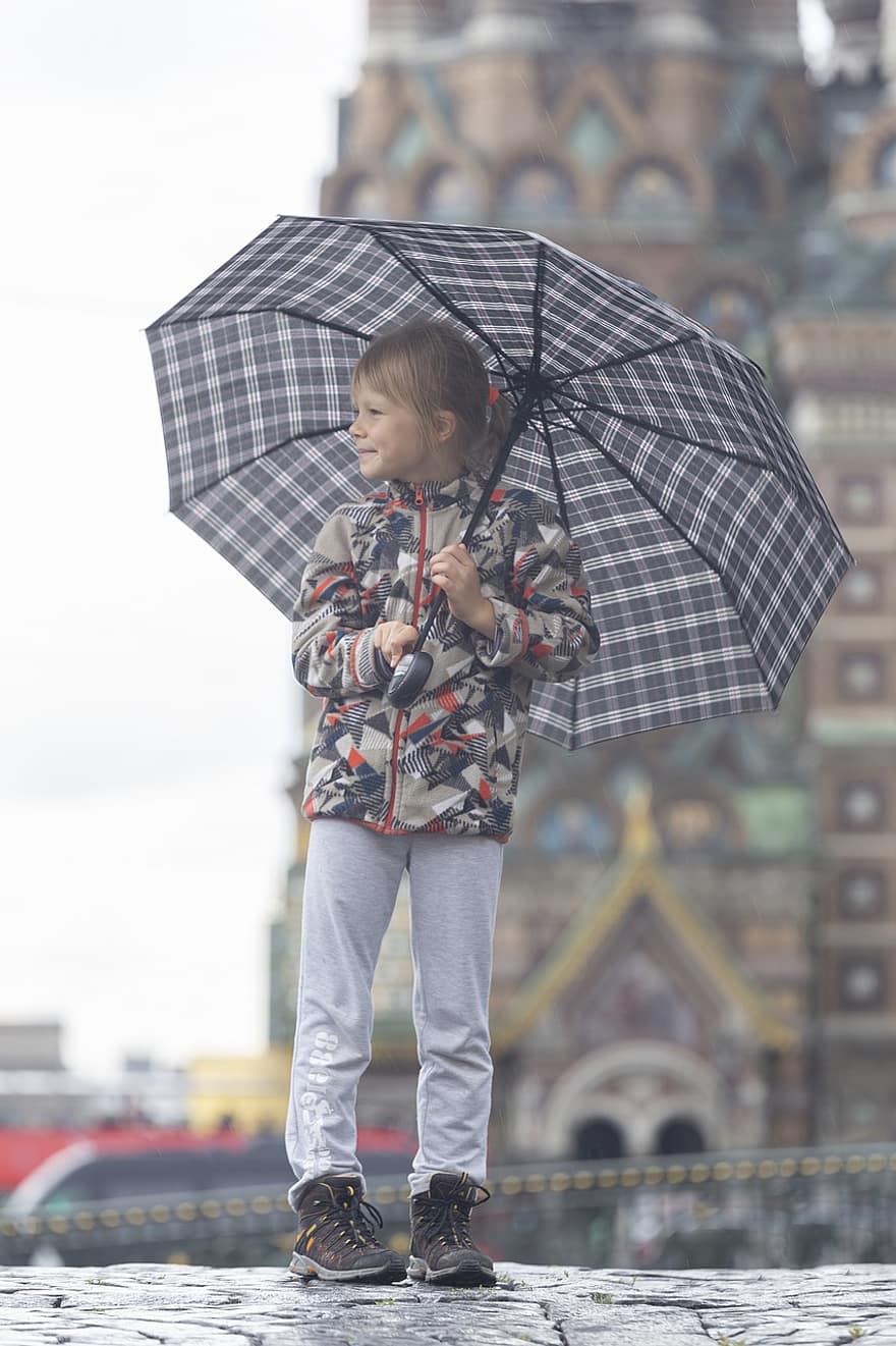 lány, esernyő, utca, alkalmi, póz, móka, gyermekkor, mosoly