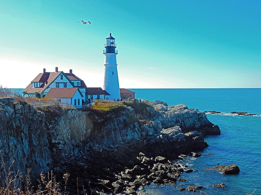 Portland Head, Lighthouse, Maine, Portland, Ocean, Landmark, Sea, Scenic, Water, Travel, America