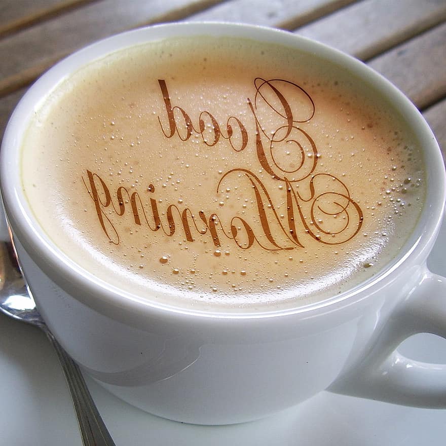 Puchar, Kawa, piana, café au lait, czcionka, ranek, dobry, Powitanie, śniadanie, pianka kawowa, filiżanka kawy