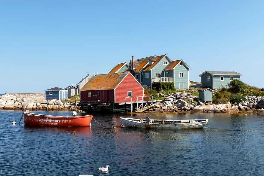 thị trấn, bờ biển, thuyền, những ngôi nhà, làng, peggy's cove, Nova Scotia, Canada