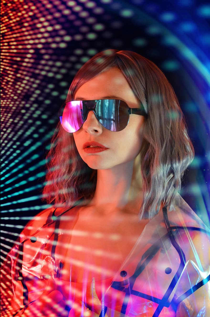 kvinne, briller, neon, futuristiske, framtid, lys, stråler, futurisme, cyberpunk, skjønnlitteratur