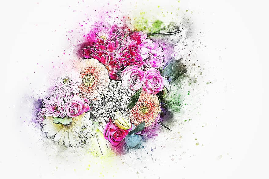 ดอกไม้, ช่อดอกไม้, ศิลปะ, ธรรมชาติ, บทคัดย่อ, สีน้ำ, เหล้าองุ่น, ฤดูใบไม้ผลิ, โรแมนติก, ออกแบบ, เสื้อยืดคอกลม
