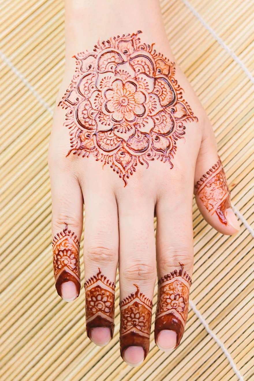 mehndi, henna-, tatoeëren, hand-, ontwerp, cultuur, traditioneel, patroon